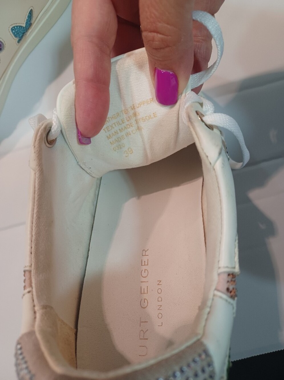 Kurt Geiger London Lane White Leather Sneakers Multicolor Rhinestone Butterflies - Picture 8 of 12